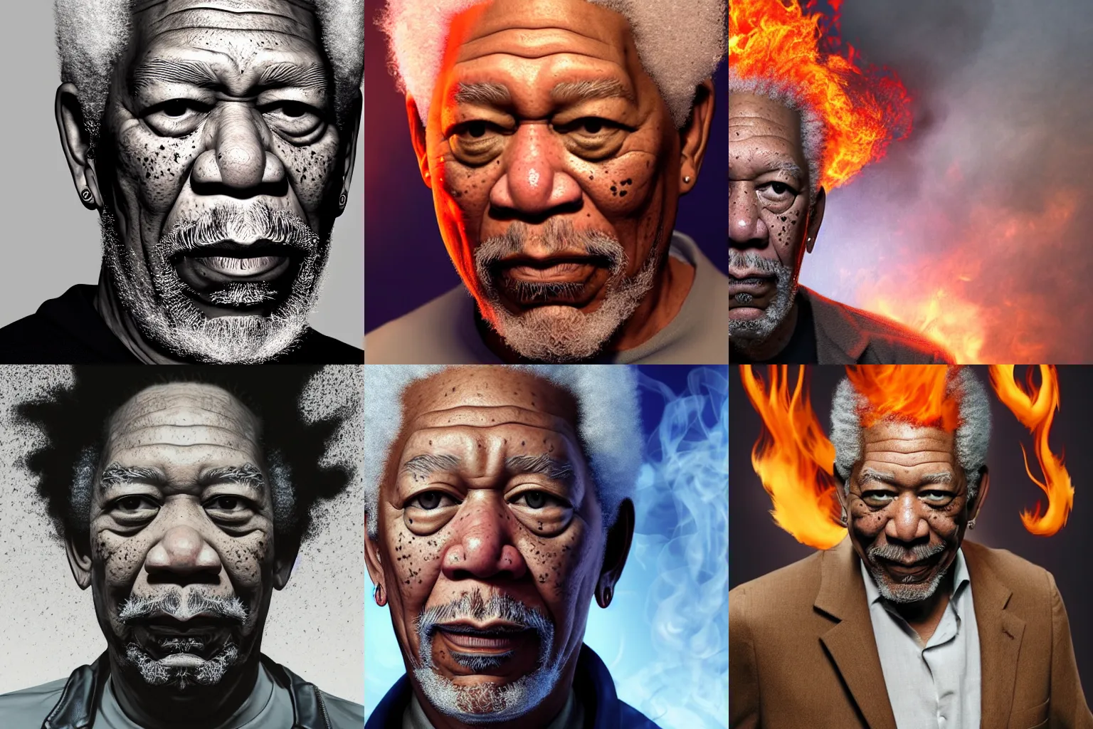 Prompt: a photograph of Morgan Freeman. His hair is on fire and he has smoke billowing from his nostrils. His freckles are flying off of his face. Expressionistic. Highly detailed. Artstation. 3d render. Unreal engine. 4k. 8k. Hyper-surrealism.