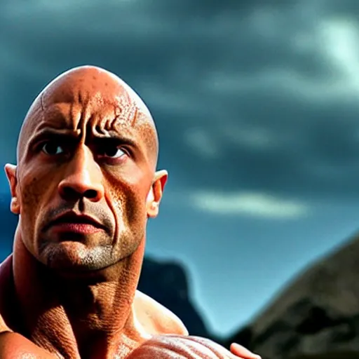 Prompt: the rock but he has white skin and two horns coming out of his forehead