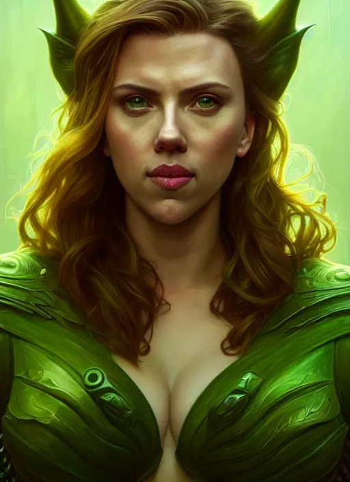 Image similar to portrait of scarlett johansson as a goblin, d & d, muscular! green, fantasy, intricate, elegant, highly detailed, digital painting, artstation, concept art, smooth, sharp focus, illustration, art by artgerm and greg rutkowski and alphonse mucha