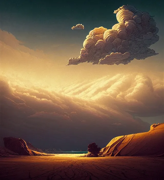 Prompt: a 🌊 swirling in the sky above a barren 🏜 by ivan shishkin and zacharias aagaard and simon stalenhag and dan mumford, chiaroscuro, hyper detailed, high saturation, retrowave, minimalism