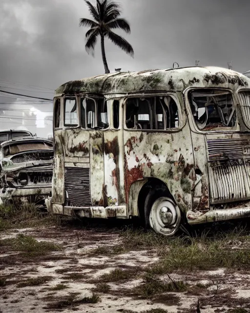 Image similar to wide angle shot of dilapidated fallout 5 miami, tropical coastal city, desolate, dilapidated, some rusted retro futuristic vintage parked vehicles like cars, buses, trucks, trams, slight overcast weather, fog, volumetric lighting, photorealistic, daytime, autumn, sharp focus, ultra detailed,