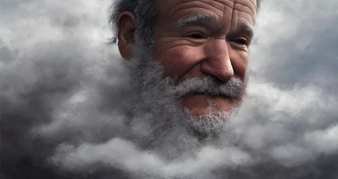 Image similar to robin williams is god, white beard, clouds, heaven, portrait, intricate, detailed, volumetric lighting, scenery, digital painting, highly detailed, artstation, sharp focus, illustration, concept art, ruan jia, steve mccurry