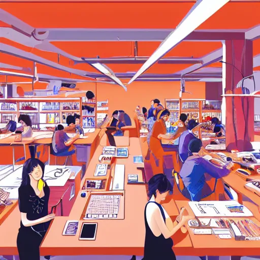 Prompt: people working in a graphic design studio, illustration, kastuhiro otomo, high detail, 4 k