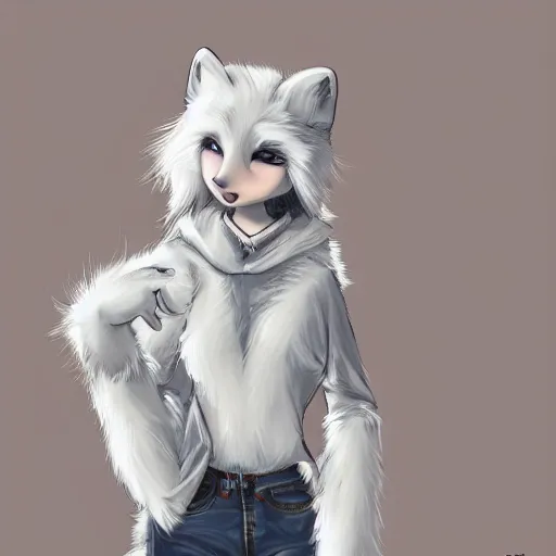 Prompt: art of a white and gray anthro furry arctic fox furry sona character wearing blouse and jeans, looking at viewer, on a coffee shop background, profile picture digital art, trending on artstation, pixiv, deviant art