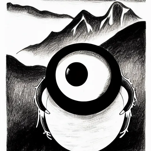 Prompt: a drawing of three huge eyes floating over a mountain, black and white, vintage poster, film grain