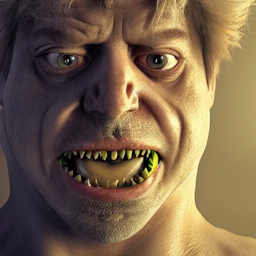 Image similar to Boris Johnson with Lizard body, realistic artstyle, wide shot, dramatic lighting, octane render, hyperrealistic, high quality, highly detailed, HD, beautiful, cinematic, 8k, unreal engine, facial accuracy, symmetrical