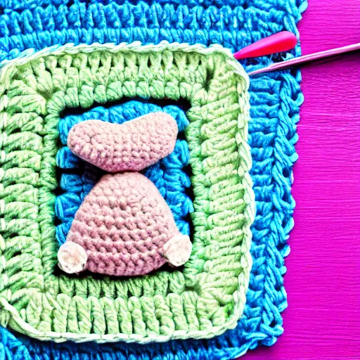 Image similar to product image of a cute crochet grandma made of crochet who's making a crochet. high resolution