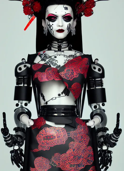 Image similar to full body portrait of a gothic style punk robot geisha with kanji tattoos and decals wearing a digital pixelated kimono, intricate design, photo - realistic, octane render, dark colour palette, ultra fine detailed, character design, trending on artstation