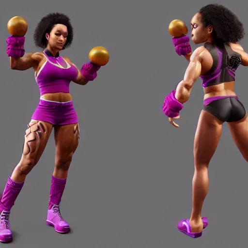 Prompt: 3 d render of a full female body, a mulatto woman with an afro, cruel hazel eyes, very fit body, wearing fitness gear, dead or alive 6, tekken 7, rumble roses, muscular legs, highly detailed, artstation, super realistic, unreal engine