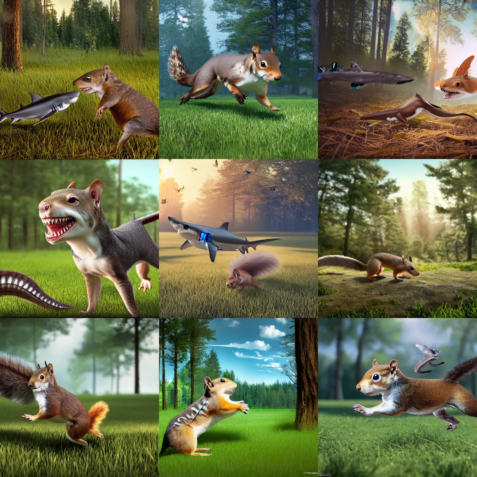 Prompt: a shark puppy hybrid mix chasing a small brown squirrel in an open field, the sky is beautiful and clear, with a forest in the background. Highly detailed, octane render, art station, 4k, high quality