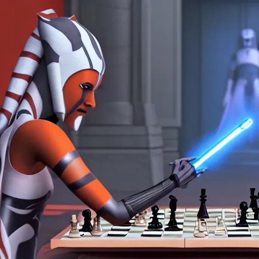 Image similar to Ahsoka Tano playing chess with Darth Vader in The Clone Wars season 7, ray traced