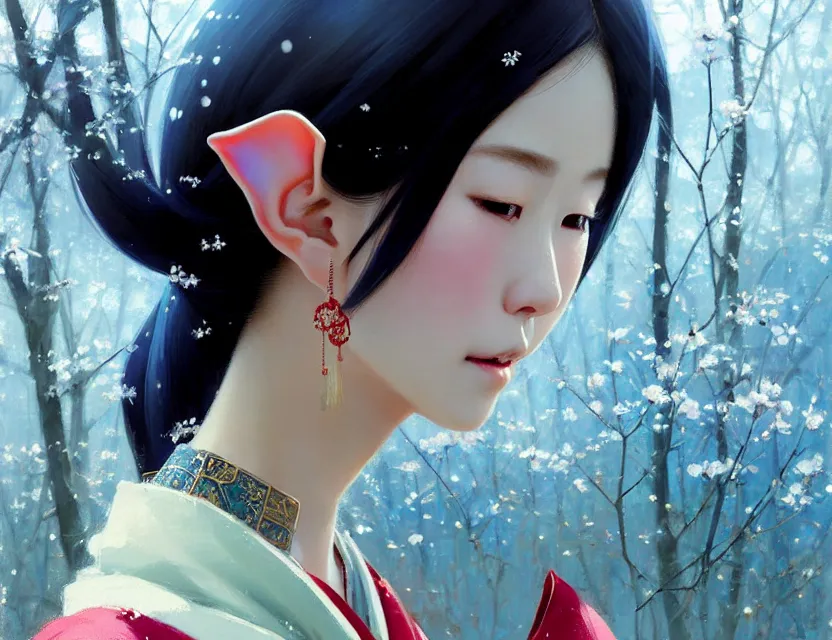 Image similar to a beautiful shibuya 1 0 9 female elf with haori and kimono decollete and jewelry | | snowy, realistic shaded, unpleasant face, channel, fasion, fine details, realistic shaded lighting poster by makoto shinkai, jeremy lipkin, michael garmash, magali villeneuve, artgerm, jeremy lipkin and michael garmash