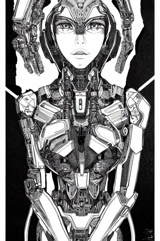 Prompt: full body illustration female cyborg, very symmetrical!! highly detailed, sumi - e art, suiboku - ga ink, by kim jisu, pen and ink monochrome, mecha, deviantart, artstation, pinterest