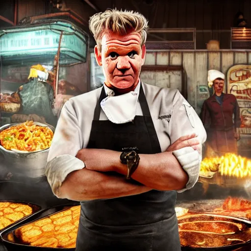 Prompt: gordon ramsay as street food vendor in fallout new vegas, very detailed, realistic, 4 k, professional photography