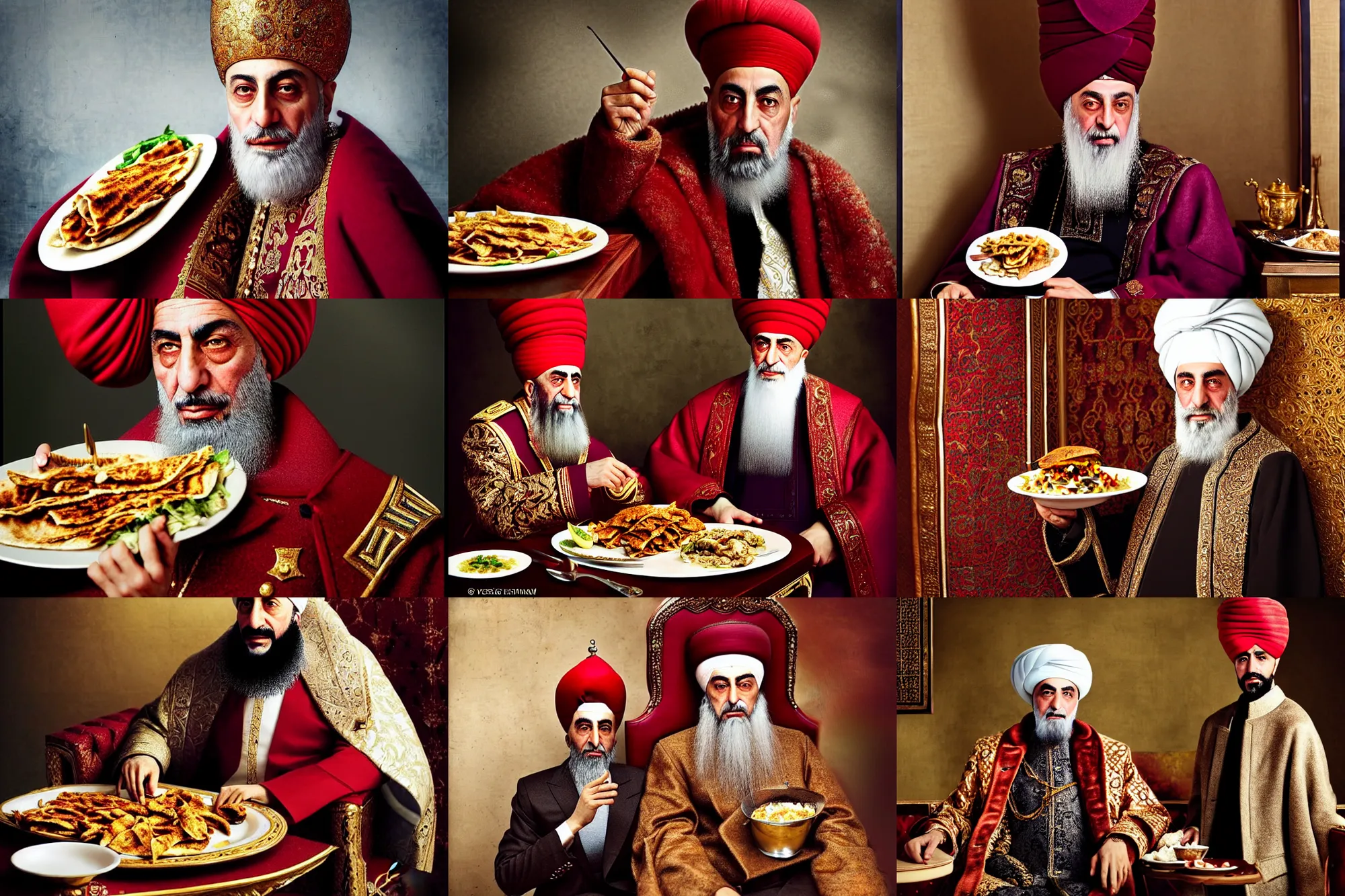 Prompt: sultan mehmet iv, mid - shot, realistic, detailed facial features, cold lighting, precise, micro details, ottoman eating shawarma in a restaurant, photography from vogue magazine, expressive, neat, hyperrealism, photorealistic, hdr shot, wearing big ovular turban and a luxurious ottoman coat, in the style of martin schoeller