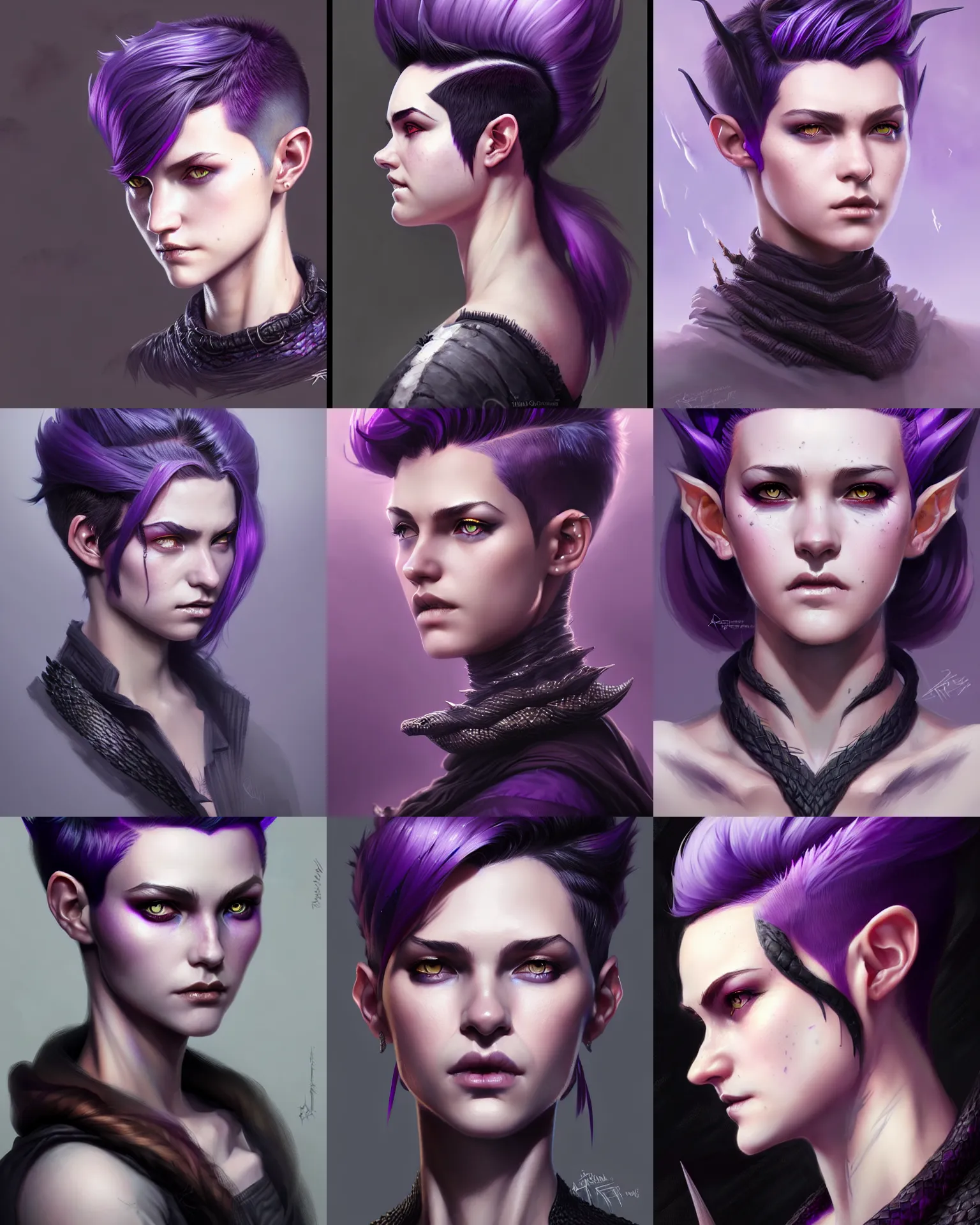 Prompt: Portrait of rugged young adult female witch, D&D fantasy, pixie undercut hairstyle, black to purple fade hairstyle, dragon scales across hairline, by Artgerm and Greg Rutkowski , digital painting, highly detailed, trending on artstation