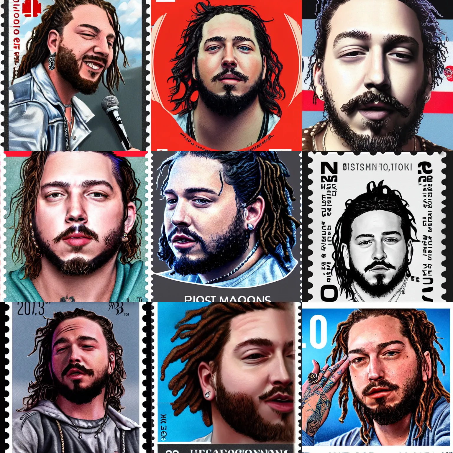 Prompt: a closeup photorealistic illustration of post malone on a postage stamp. fine detail. this 4 k hd image is trending on artstation, featured on behance, well - rendered, extra crisp, features intricate detail, epic composition and the style of unreal engine.