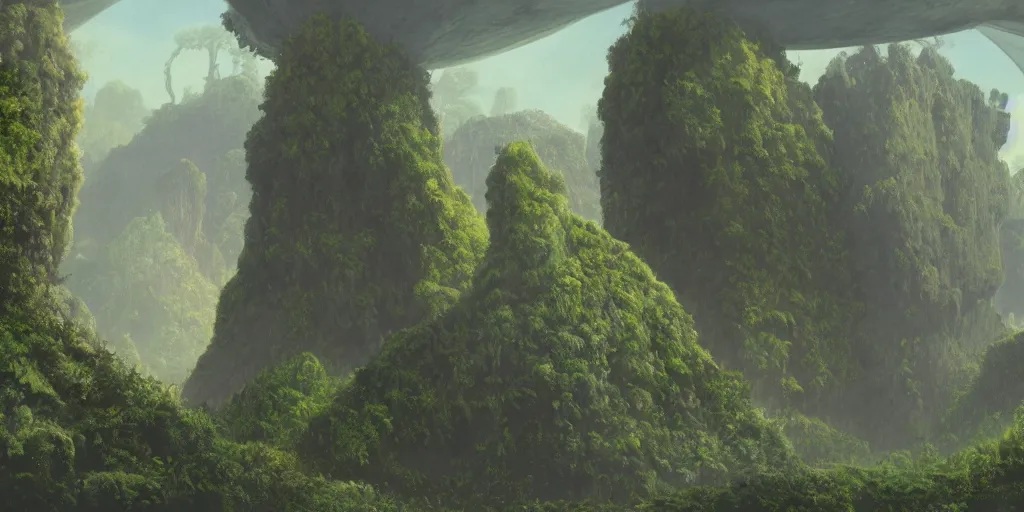 Prompt: a twirly architectural monument right in the middle of a huge crater in a tropical forest, ralph maquarrie and syd mead cinematic matte painting, 4 k