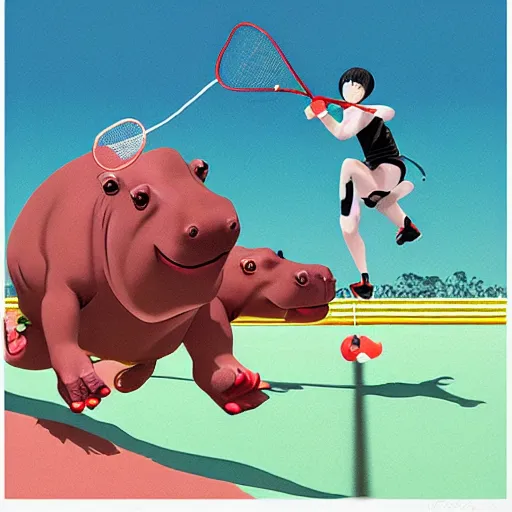 Prompt: illustration of hippo action figures playing badminton by ilya kuvshinov katsuhiro otomo