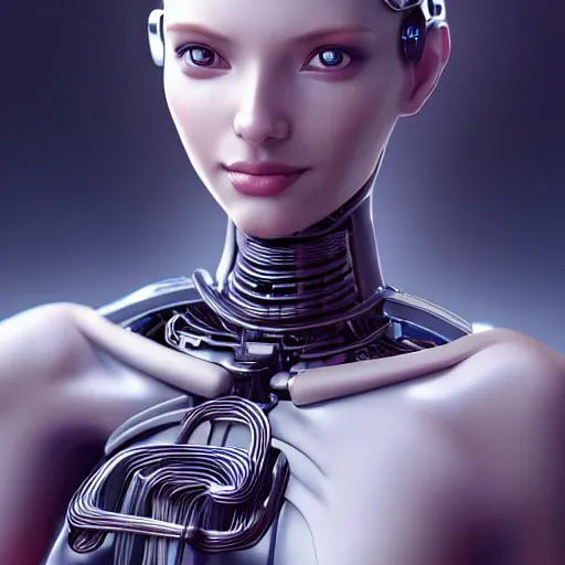 Image similar to Beuatiful Happy Mechanical Female Android, Full-Body, intricate, elegant, super highly detailed, professional digital painting, artstation, concept art, smooth, sharp focus, no blur, no dof, extreme illustration, Unreal Engine 5, Photorealism, HD quality, 8k resolution, cinema 4d, 3D, beautiful, cinematic, art by artgerm and greg rutkowski and alphonse mucha and loish and WLOP