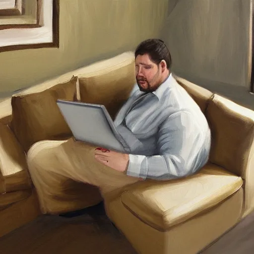 Image similar to a beautiful complex painting of an american man sitting in this couch using his laptop and he is very fat digital painting