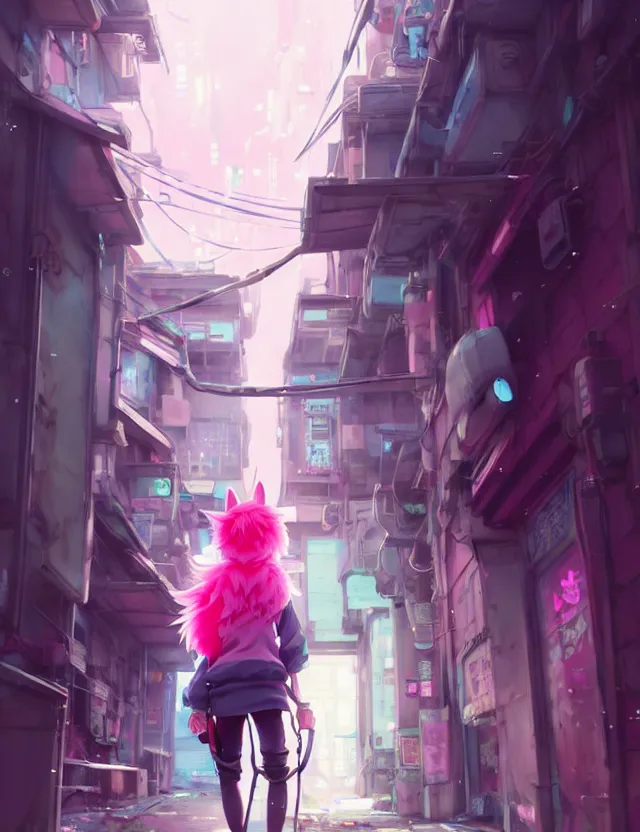 Image similar to cute anime boy with pink hair and pink wolf ears and barefoot wearing headphones and hoodie and leggings under shorts in a narrow alleyway in cyberpunk city. character design by cory loftis, fenghua zhong, ryohei hase, ismail inceoglu and ruan jia. artstation, volumetric light, detailed, photorealistic, fantasy, rendered in octane