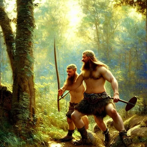 Image similar to 2 attractive male vikings frolicking in the forest. highly detailed painting by gaston bussiere, craig mullins, j. c. leyendecker, 8 k