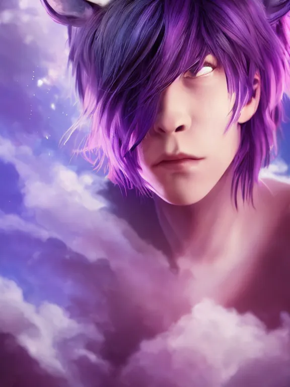 Prompt: Portrait art of a young man with purple hair and cat ears floating on a cloud, 8k, ultra realistic , lens flare, atmosphere, glow, detailed, intricate, full of colour, cinematic lighting, trending on artstation, 4k, hyperrealistic, focused, extreme details, unreal engine 5, cinematic, masterpiece