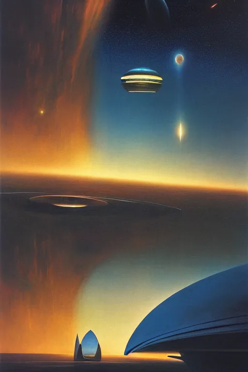 Image similar to emissary space by arthur haas and bruce pennington and john schoenherr, cinematic matte painting, zaha hadid building, photo realism, dark color palate, blue hour stars,