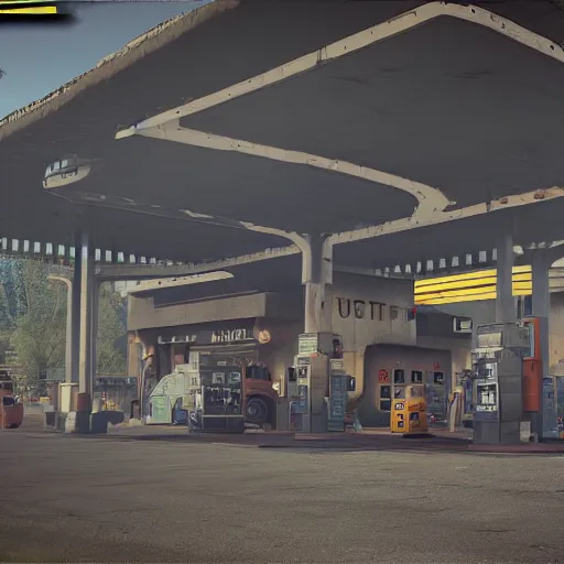 Image similar to dieselpunk fuel station, dirty cinematic scene, ultra realistic details, 8 k