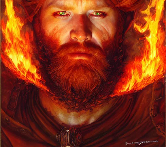 Prompt: The Fire King, beautiful young bearded ginger man, fire, flames, dramatic, hyperdetailed | donato giancola, ralph horsley, Artem Demura | waist-up portrait | dungeons and dragons