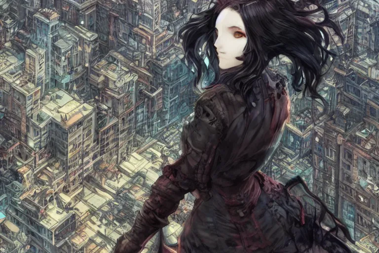 Image similar to goth woman in front of city, color page, tankoban, 4 k, tone mapping, akihiko yoshida, james jean andrei riabovitchev marc simonetti, yoshitaka amano, long hair, curly, h. hydrochaeri