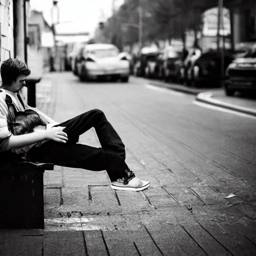 Prompt: photo of teenage ryan gosling sitting on a bench in a alley, wearing jacket, two crutches near bench, fullbody, street of moscow, shallow depth of field, cinematic, 8 0 mm, f 1. 8