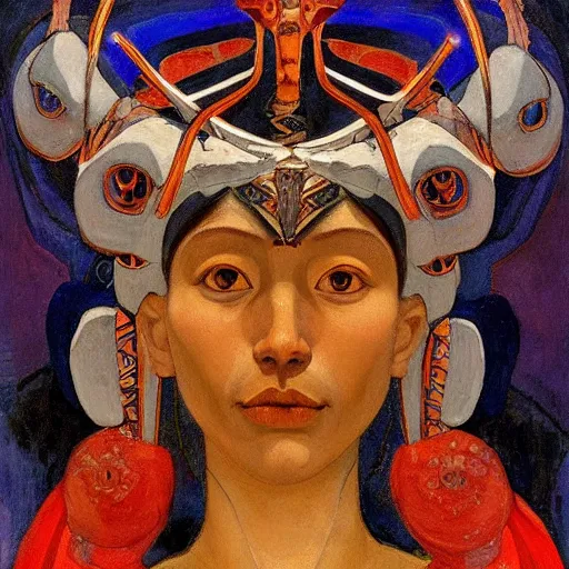 Image similar to the bone crown, by Annie Swynnerton and Nicholas Roerich and Diego Rivera, dark skin, elaborate costume, iridescent beetles, geometric ornament, rich color, dramatic cinematic lighting, smooth, sharp focus, extremely detailed