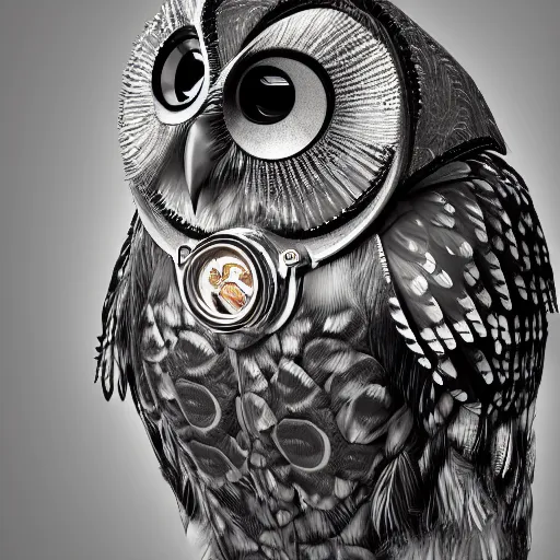 Prompt: detailed portrait of a mechanic owl, watch on his head, feathers from mechanical watch parts, in half a turn, hyper detailed, stylistic, symmetrical, 3 d render, 8 k, octane render