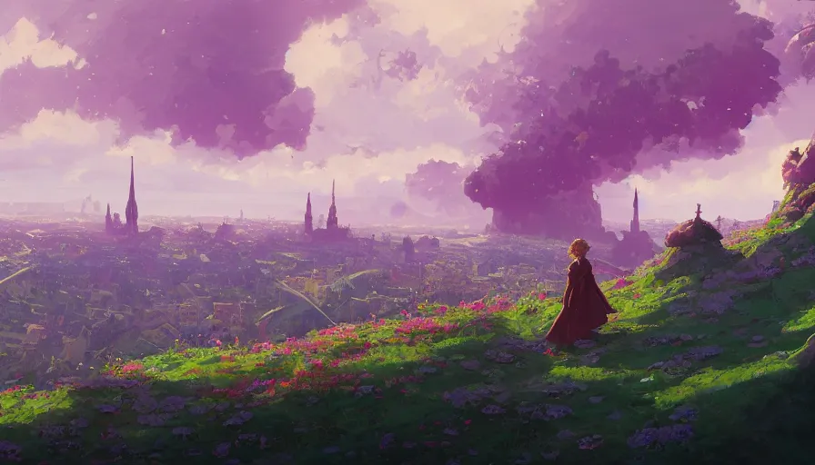 Image similar to over the shoulder landscape painting of violet evergarden standing on a distant colorful flower hill, behind it a distant old european city leiden from violet evergarden, ocean, sunshine, fantasy, intricate, elegant, highly detailed, digital painting, artstation, smooth, sharp focus, illustration, by Anton Fadeev and Philipp A. Urlich and greg rutkowski