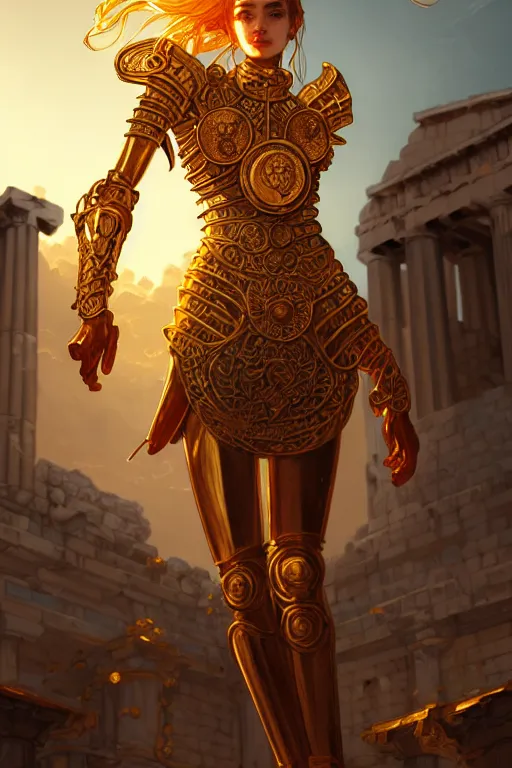 Prompt: portrait knights of zodiac girl, golden and copper shining armor, in ruined agora of athens sunrise, ssci - fi and fantasy, intricate and very very beautiful and elegant, highly detailed, digital painting, artstation, concept art, smooth and sharp focus, illustration, art by tian zi and wlop and ilya kuvshinov and alphonse mucha