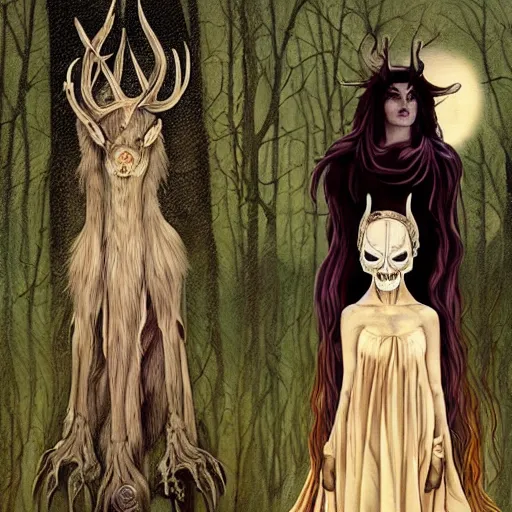 Image similar to an epic horrific wiccan gothic painting of a mother - nature witch cult woman wearing a deer skull, in a moonlit forest by gerald brom by junji ito by vanessa lemen by charlie bowater