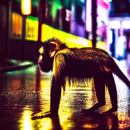 Prompt: a high quality low wide angle photo of a Mandrill monkey on the streets of a cyberpunk city, rainy, reflective ground, neon lights, realism, 8k