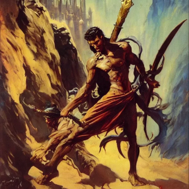 Image similar to highly detailed frank frazetta painting of lanky disheveled artist sorcerer holding scimitar in arabian surroundings