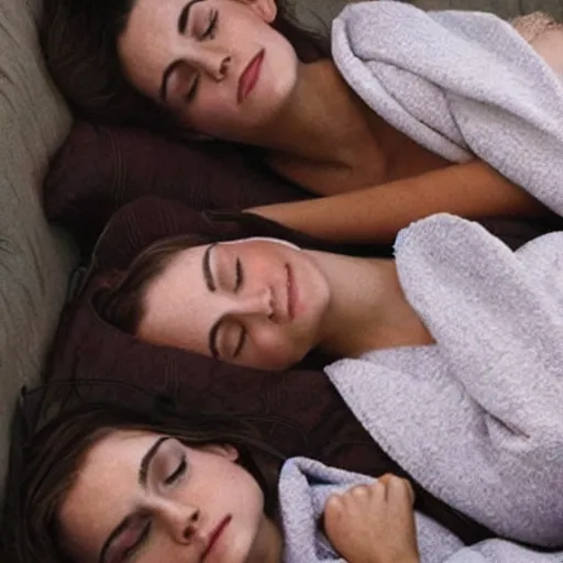 Prompt: emma watson and her friends sleeping in a bunch of cozy beds