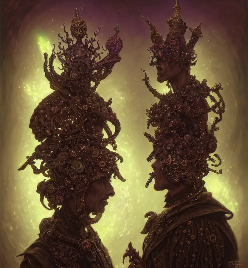 Image similar to front shot of a court jester character, hyperdimensional, bioluminescent hypercubes, dark holography!!!, (((intricate))), elegant, highly detailed, centered, (((artstation, concept art, smooth, sharp focus, artgerm, Tomasz Alen Kopera, Peter Mohrbacher, donato giancola, Joseph Christian Leyendecker, WLOP, Boris Vallejo))), mugshot!!!!!, ugly!!!!!!, octane render, nvidia raytracing demo, octane render, nvidia raytracing demo, octane render, nvidia raytracing demo, grainy, muted, 8K, digitalblasphemy, metatron