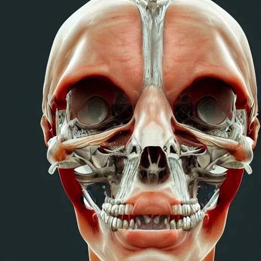 Prompt: man's face with see - through glass - like skin, blood vessels, and bones showing, hyperdetailed, realistic, high - resolution illustration that slightly looks like a comic character