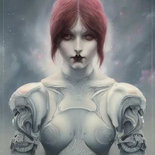 Prompt: by Tom Bagshaw, ultra realist soft painting of anime universe of curiosities, single female ghost mutation wearing a full gothic armor, partial symmetry accurate features, very intricate details, focus, curvy, award winning, ultra dense fog