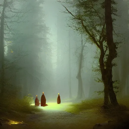 Prompt: a beautiful painting of a sacred pathway in a mysterious forest, serene landscape, by ivan aivazovsky, trending on artstation