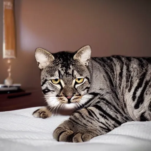 Prompt: a big house cat on a bed, ultra - realistic