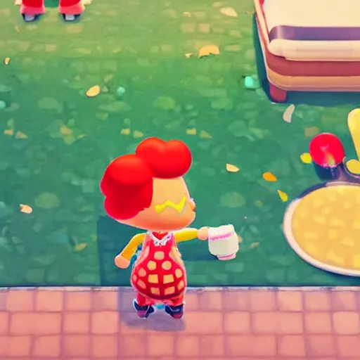 Image similar to ronald mcdonald fights a can of la croix, screenshot from animal crossing