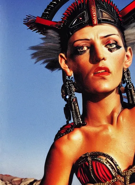 Prompt: close - up portrait of beautiful young woman dressed gladiator with armor, art by helmut newton