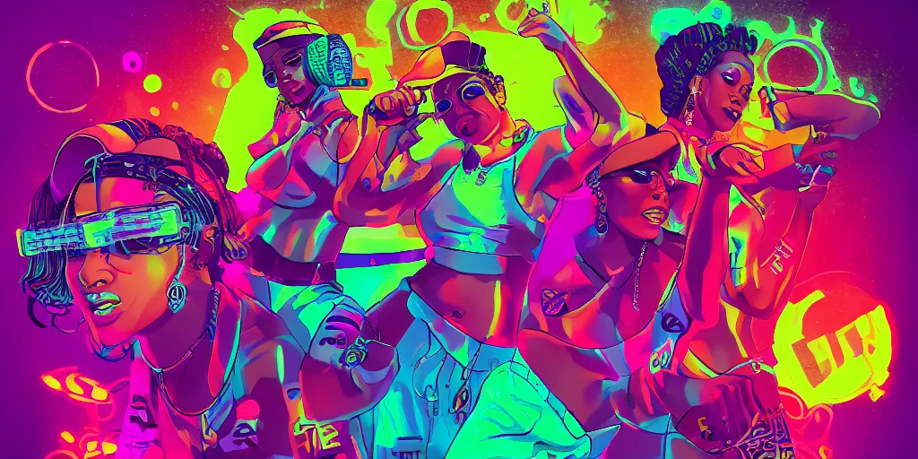 Image similar to female rappers performing on stage with laser light show, digital art, vapor wave, hip hop, psychedelic, trending on Artstation, professional artist, detailed, 4k