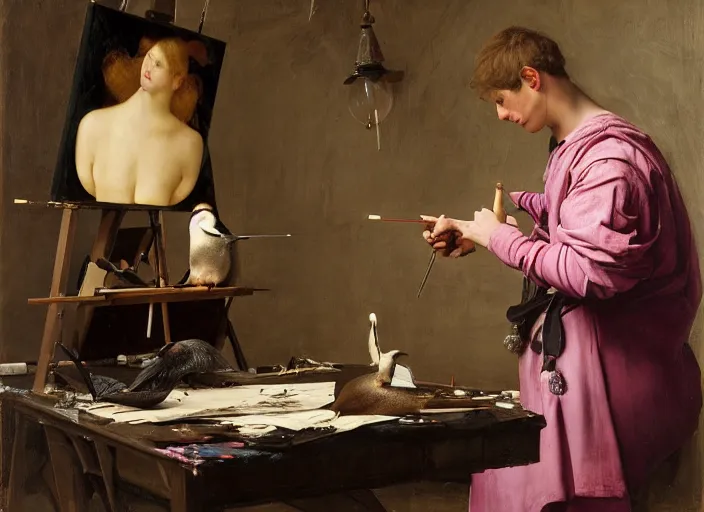 Image similar to a young painter in his studio painting a picture of a pink penguin, by edgar maxence and caravaggio and michael whelan and delacroix style, artistic, intricate drawing, cinematic lighting, hyper realistic, extremely detailed, establishing shot, 8 k resolution, dramatic lighting